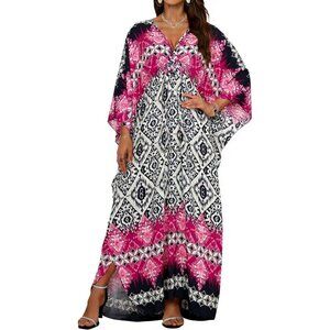 Women's Rose Red Ethnic V-Neck Batwing Sleeves Smocked Waist Maxi Kaftan Dress
